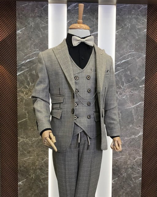 İtalyan stil çocuk sivri yaka ceket yelek pantolon Bej T8949