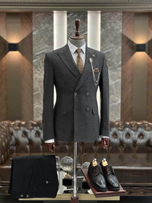 İtalyan stil ekose kruvaze ceket pantolon kombin takım elbise antrasit T10036