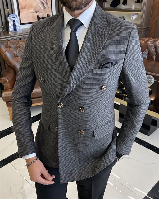 İtalyan stil ekose kruvaze ceket pantolon kombin takım elbise antrasit T10036