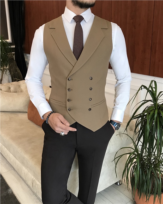 İtalyan stil erkek ceket yelek pantolon takım elbise camel T6330