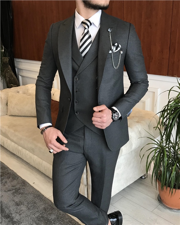 İtalyan stil erkek ceket yelek pantolon takım elbise Antrasit T7079