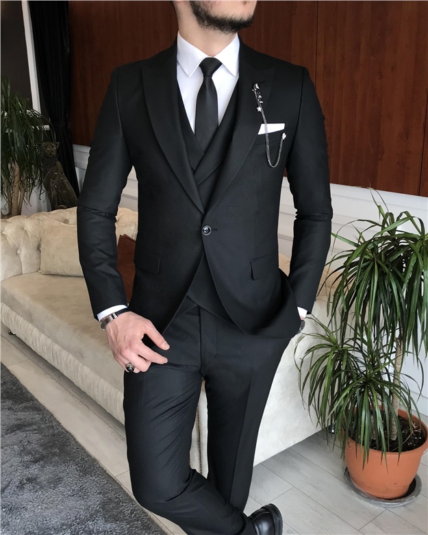 İtalyan stil erkek ceket yelek pantolon takım elbise Siyah T7077