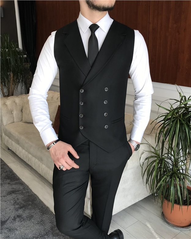 İtalyan stil erkek ceket yelek pantolon takım elbise Siyah T7077