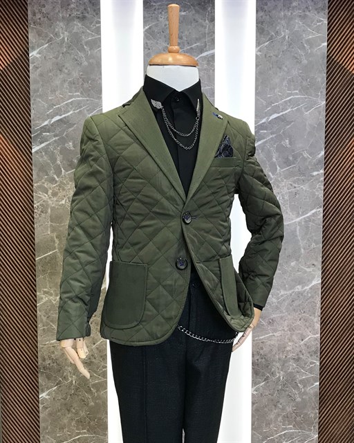 İtalyan stil erkek çocuk kapitone pamuk karışımlı kruvaze tek ceket Yeşil T8881