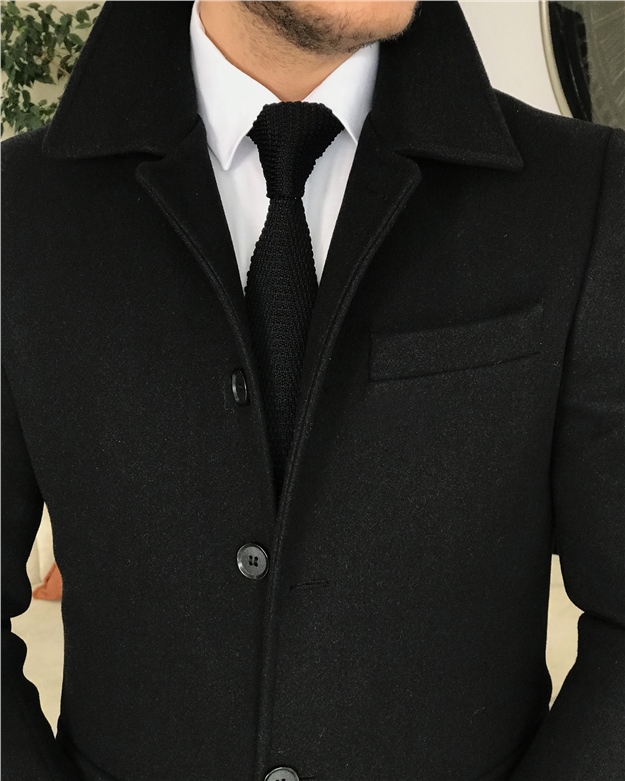 İtalyan stil erkek gömlek yaka yün kaban Siyah T8105