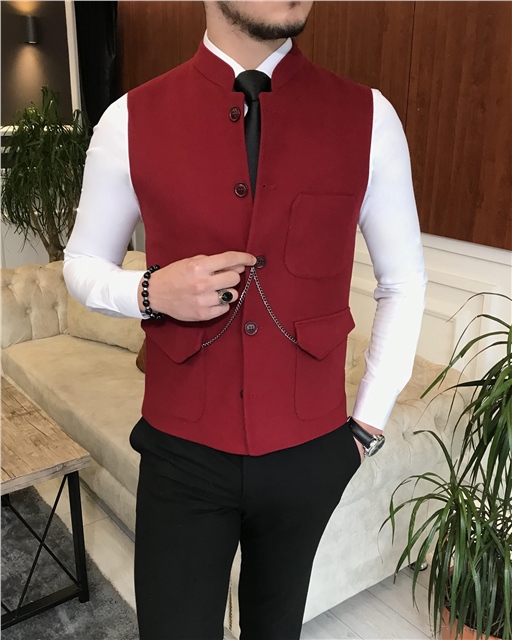 İtalyan stil erkek kışlık hakim yaka kırmızı cepken yelek T6412