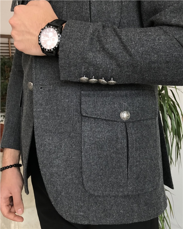 İtalyan stil erkek mono yaka  yün ceket gri  T8059