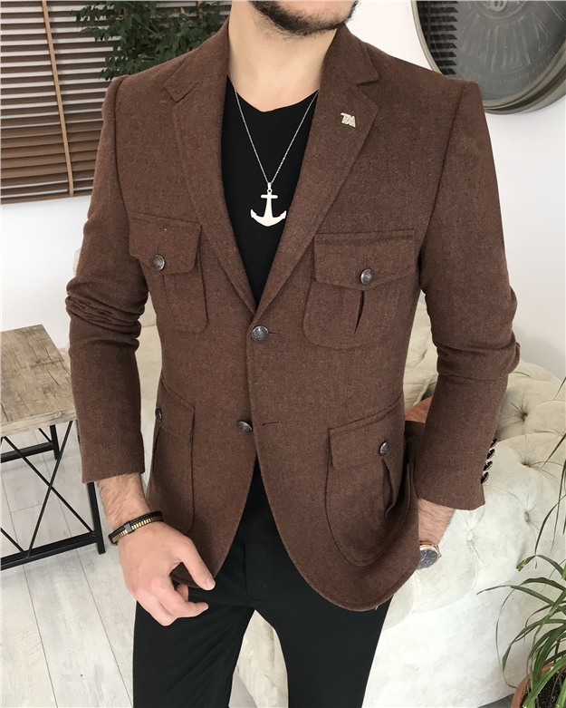 İtalyan stil erkek mono yaka  yün ceket kahverengi  T8057