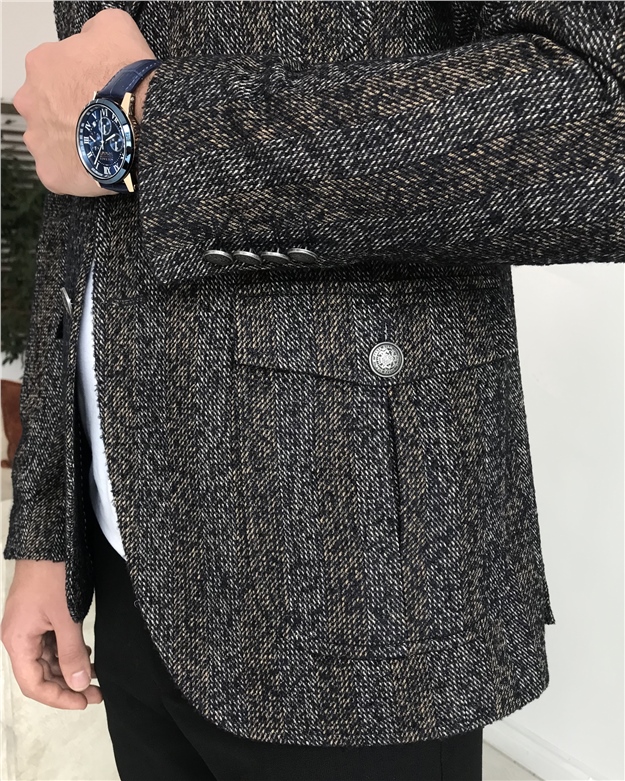 İtalyan stil erkek mono yaka  yün ceket lacivert T8056