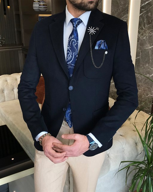 İtalyan stil erkek mono yaka yün ceket Lacivert T8653