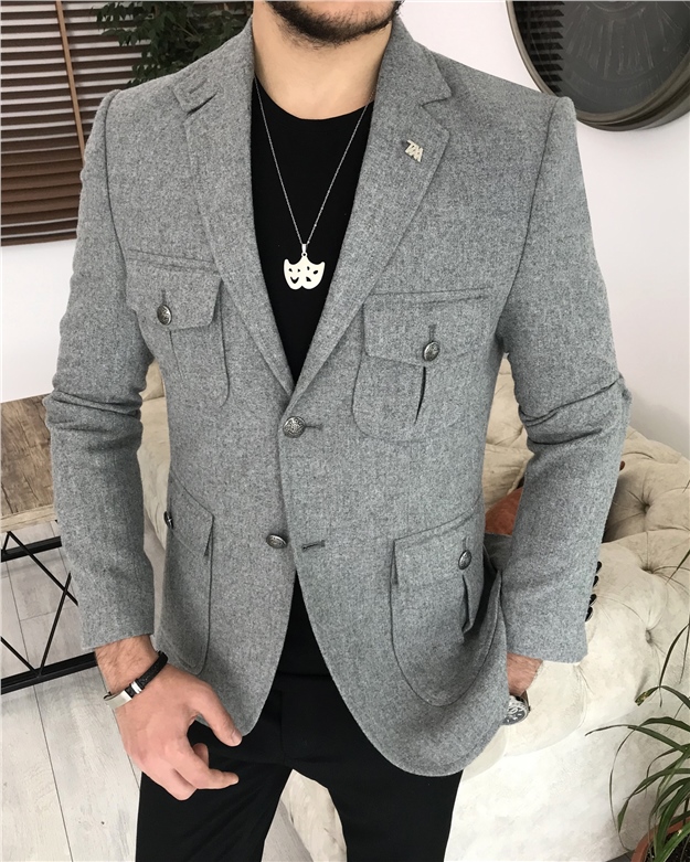 İtalyan stil erkek mono yaka  yün ceket gri  T8060