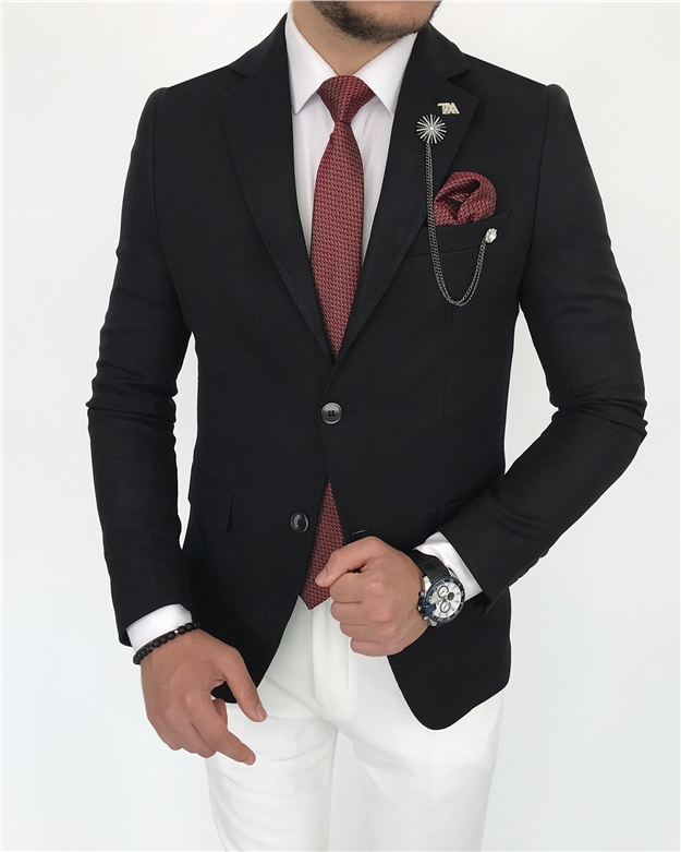 İtalyan stil erkek slim fit blazer pamuk ceket Siyah T7380