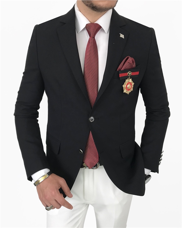 İtalyan stil erkek slim fit blazer yün karışımlı ceket Siyah T7849