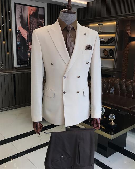 Italian Style Slim Fit Double Breasted Men Blazer Single Jacket Beige T8297