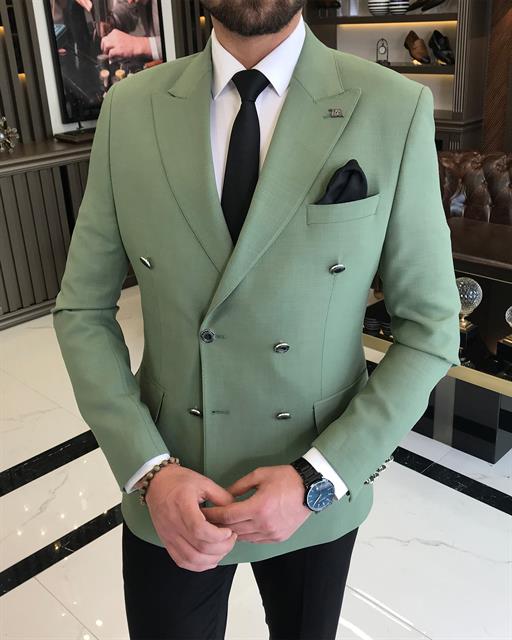 Italian Style Slim Fit Double Breasted Men Blazer Single Jacket Green T8298
