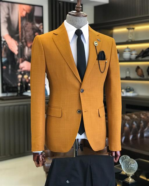 İtalyan stil erkek slim fit mono yaka pamuk karışımlı ceket hardal T9332