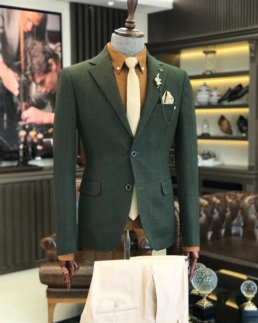 İtalyan stil erkek slim fit mono yaka pamuk karışımlı ceket yeşil T9334