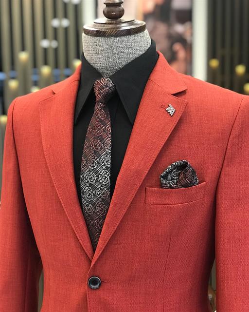 İtalyan stil erkek slim fit mono yaka pamuk karışımlı ceket kırmızı T9333