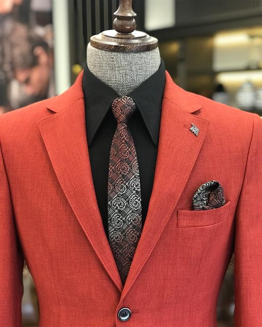 İtalyan stil erkek slim fit mono yaka pamuk karışımlı ceket kırmızı T9333