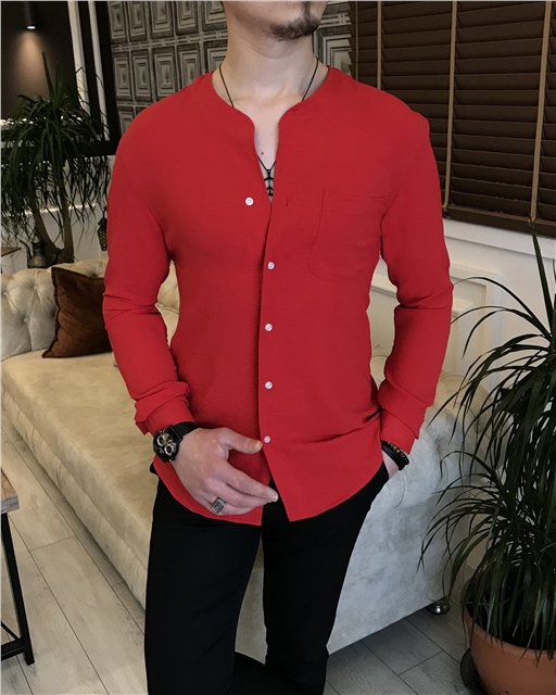 italyan stil erkek yakasız tek cepli gömlek Kırmızı T5787