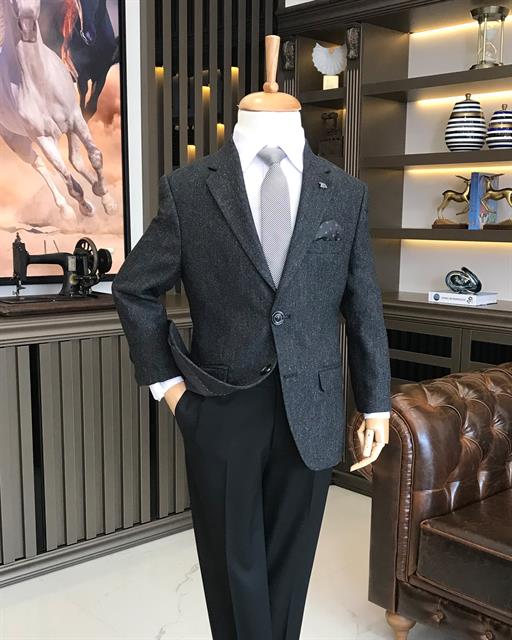 İtalyan stil erkek yün karışımlı mono yaka ceket pantolon takım elbise Siyah T8897