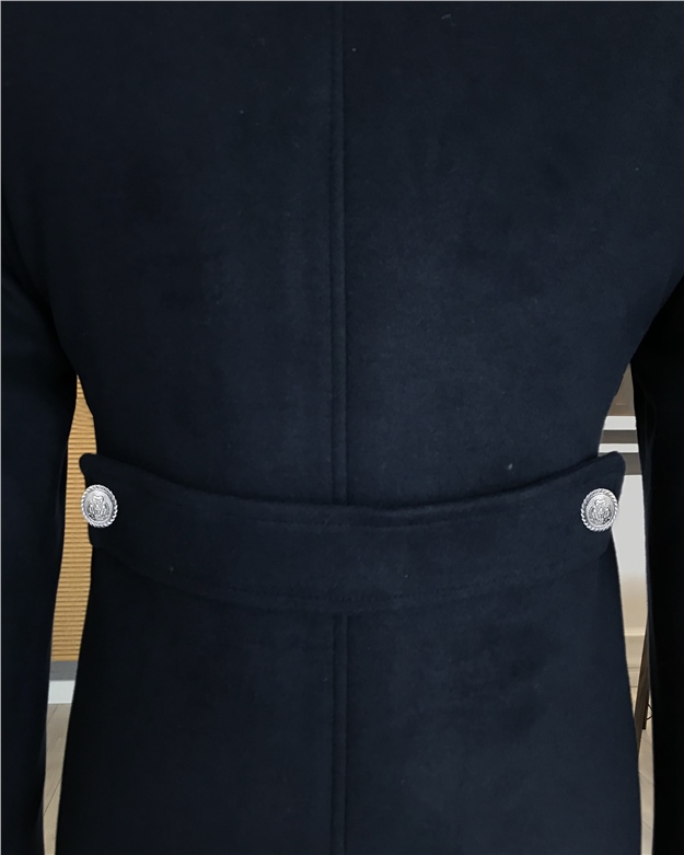 İtalyan stil metal düğme hakim kruvaze kaşe kaban palto Lacivert T5116