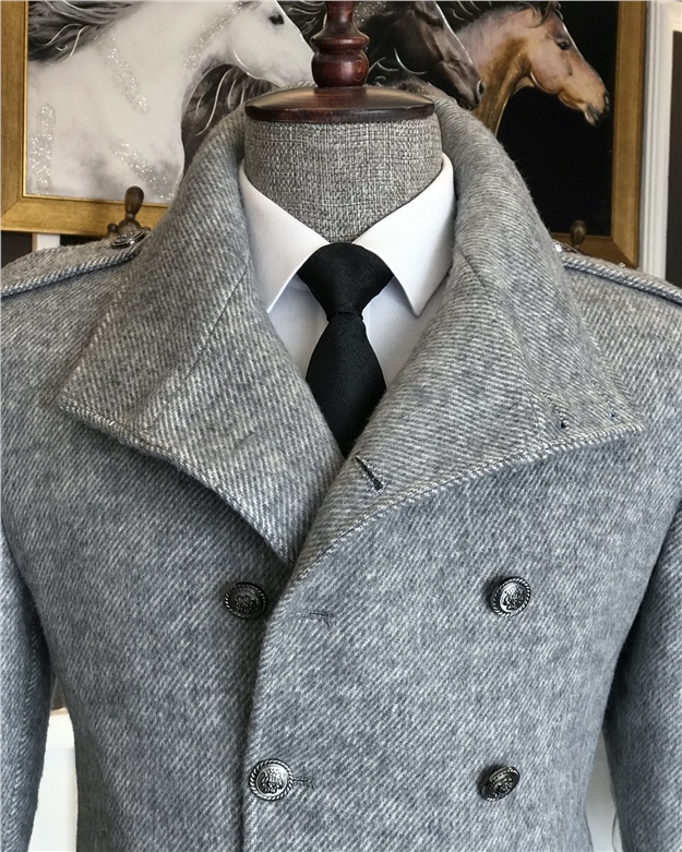 İtalyan stil hakim kruvaze kaşe kaban palto Gri T6499