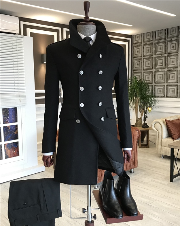 İtalyan stil metal düğme hakim kruvaze kaşe kaban palto Siyah T5115