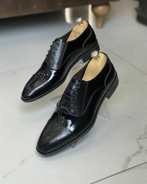 İtalyan stil iç dış deri erkek rugan ayakkabı Siyah T7301