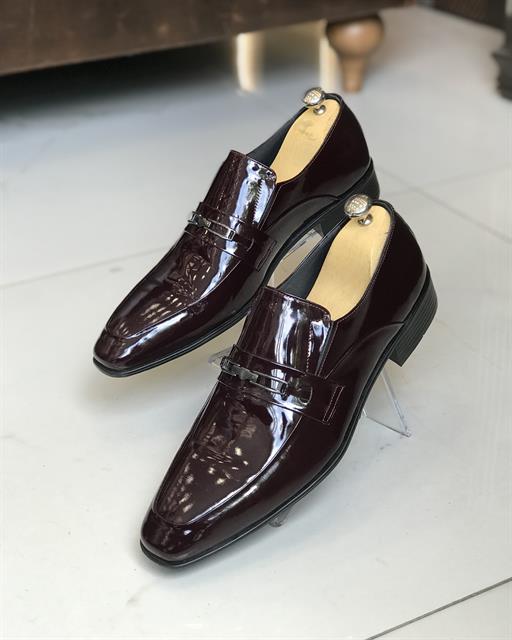 İtalyan stil iç dış deri erkek rugan ayakkabı Bordo T7306