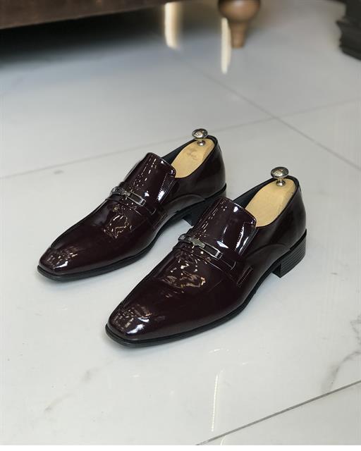 İtalyan stil iç dış deri erkek rugan ayakkabı Bordo T7306
