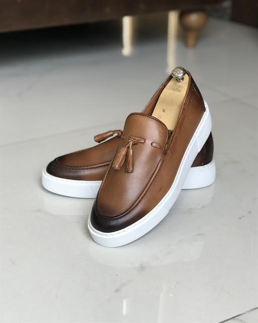 İtalyan stil iç dış naturel deri erkek ayakkabı Taba T9643
