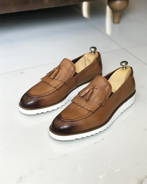İtalyan stil iç dış naturel deri erkek ayakkabı Taba T7825