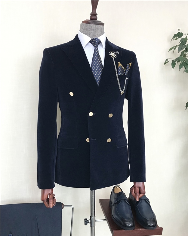 İtalyan stil kadife kruvaze erkek tek ceket Lacivert T8601