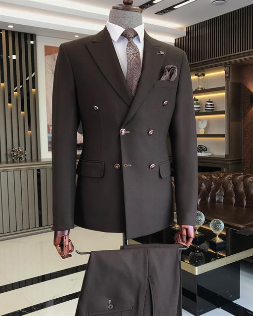 İtalyan stil kruvaze ceket pantolon takım elbise kahverengi T9170
