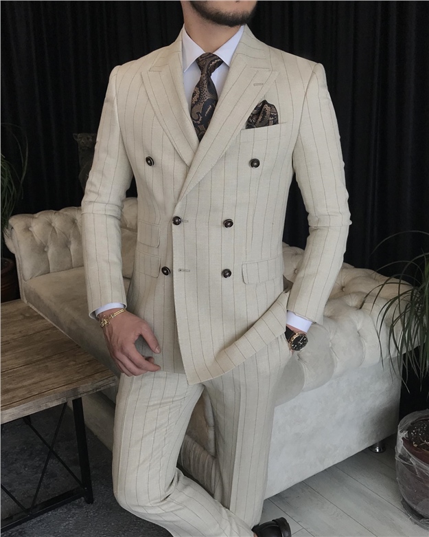 İtalyan stil kruvaze ceket pantolon takım elbise Bej T7158
