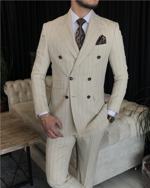 İtalyan stil kruvaze ceket pantolon takım elbise Bej T7158