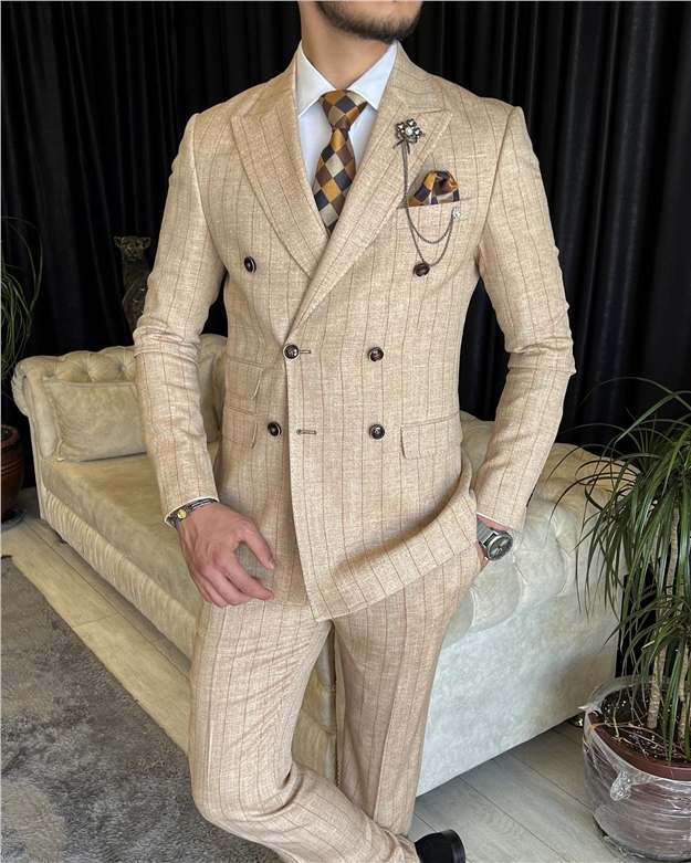 İtalyan stil kruvaze ceket pantolon takım elbise Camel T7156