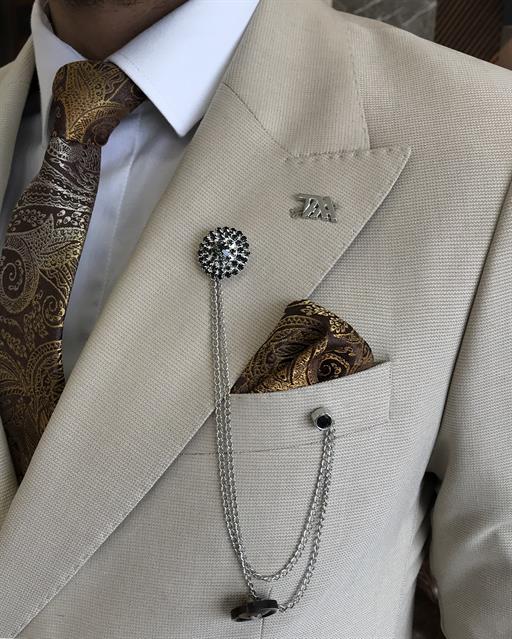 Italian style double-breasted jacket trouser suit beige T9107