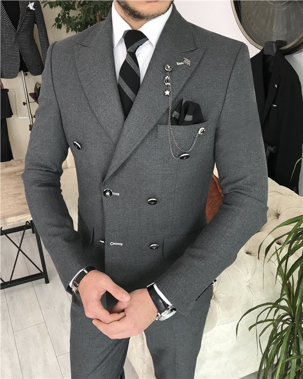 İtalyan stil kruvaze ceket pantolon takım elbise Gri T8348