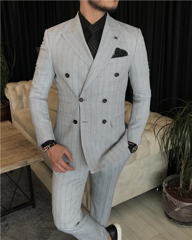 İtalyan stil kruvaze ceket pantolon takım elbise Buz Mavisi T7159