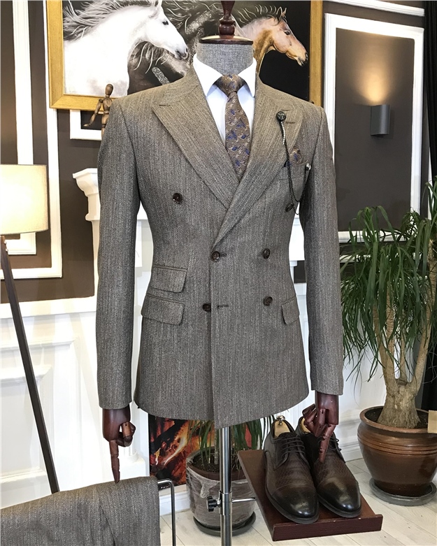 İtalyan stil kruvaze ceket pantolon takım elbise Vizon T6758