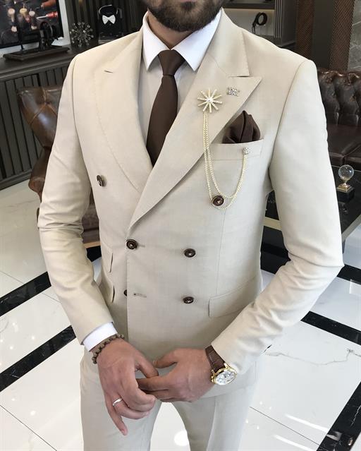  Italian style double-breasted jacket trouser suit beige T9108