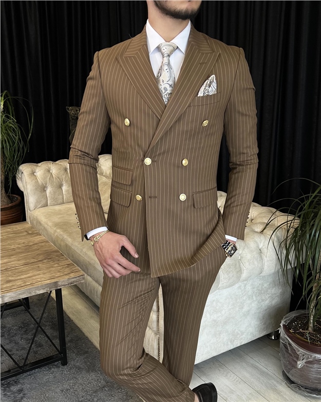İtalyan stil kruvaze ceket pantolon takım elbise Kahverengi T7196