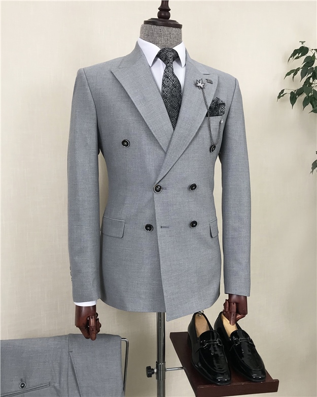 İtalyan stil kruvaze ceket pantolon takım elbise Gri T8602