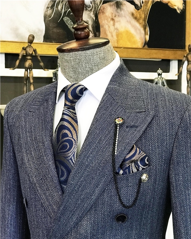İtalyan stil kruvaze ceket pantolon takım elbise Lacivert T6753