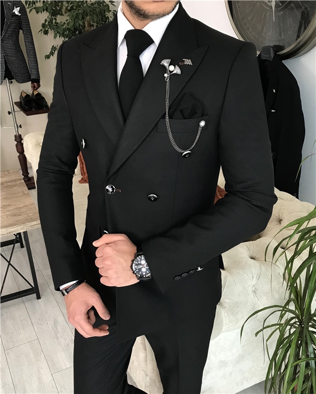 İtalyan stil kruvaze ceket pantolon takım elbise Siyah T8349
