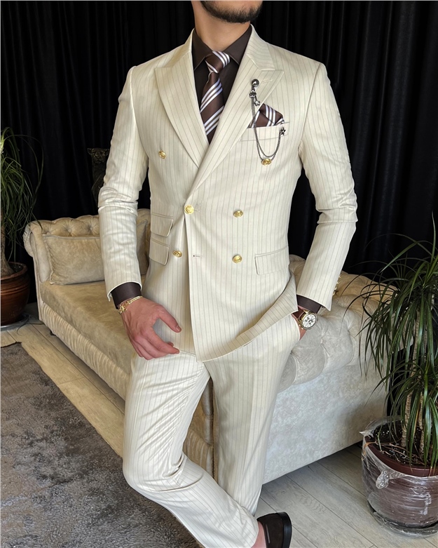 İtalyan stil kruvaze ceket pantolon takım elbise Bej T7197