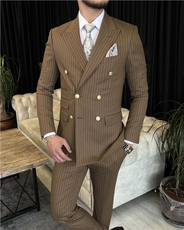 İtalyan stil kruvaze ceket pantolon takım elbise Kahverengi T7196
