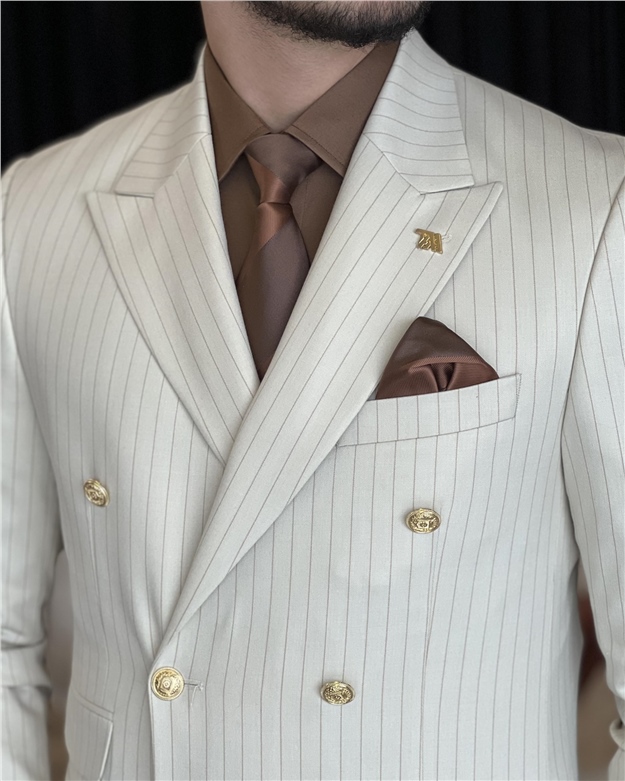 İtalyan stil kruvaze ceket pantolon takım elbise Bej T7197